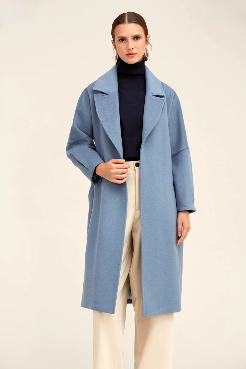 Saykı Woman Mavi Regular Fit Ceket Yaka Kaşe Yünlü Oversize Manto Mavi