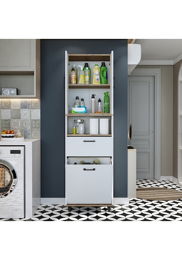 Çamaşır Sepetli Banyo Dolabı, Çok Amaçlı Dolap 60 X 200, Roomart Atlantik Çam - Beyaz