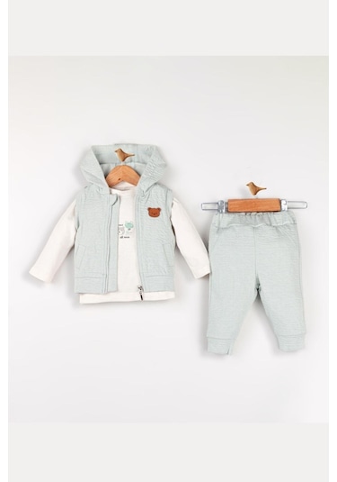 Erkek Bebek Ayı Desenli Yelekli 3'lü Takım Gri