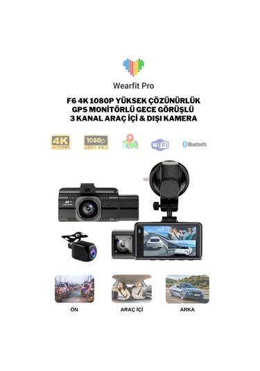 Wearfitpro F6 4k 1080p Monitörlü Gece Görüşlü 3 Kanal Araç İç Dış Kamera