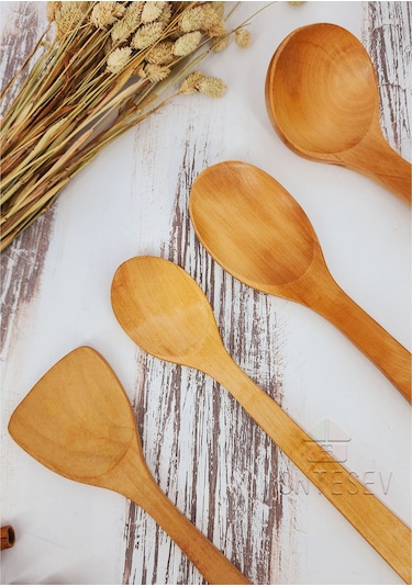 Ahşap Tahta Mutfak Kaşık Seti 4 Parça Kayın, Şimşir Ağacı 4-5