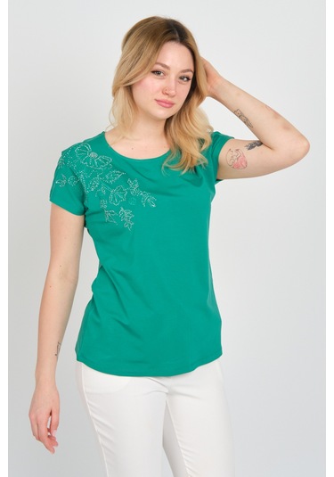 Ella Camelia Kadın Taşlı Ve Desenli Düşük Kol Bluz 24e044 Yeşil Yeşil