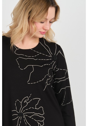 Detay Triko Kadın Boncuk İşlemeli Desenli Uzun Kol Anne Bluz 5737 Siyah Siyah