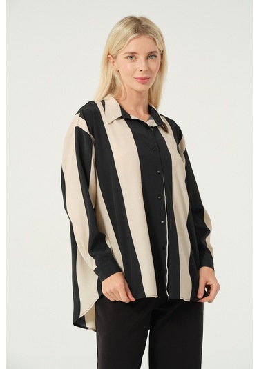 Basic Oversize Çizgili Gömlek Bej Siyah Bej - Siyah