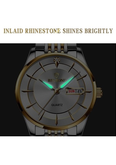 Novahub Bınbond B2077 30m Su Geçirmez Kuvars Aydınlık Saat Kelebek Toka Erkek Çelik Kemer İzle Altın Altın Renk Desenli Çok Renkli