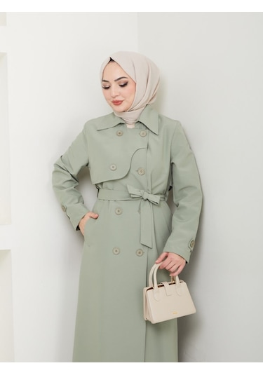Amazon Keten Kumaş Uzun Boy Düğmeli Astarlı Yumuşak Dokulu Trenç Kot Mint Yeşil Mint Yeşili