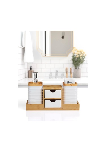 Okyanus Home Beyaz Bambu Çekmeceli Sıvı Sabunluk Ve Diş Fırçalıklı Banyo Organizeri Beyaz Ahşap