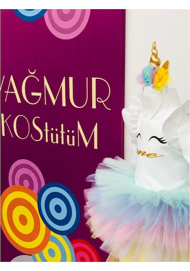 Unicorn Model Beyaz Kız Çocuk Bebek Abiye Elbise Kostüm