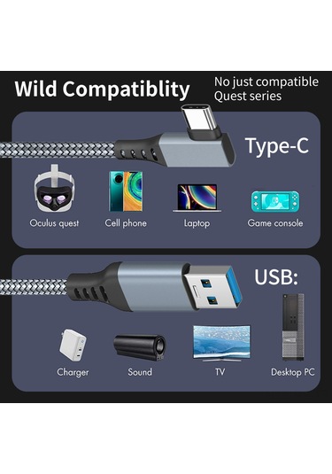 Reedark Vr Oyun Bilgisayarı Entegresi 5m/16ft Usb-typc Siyah Dirsekli Veri Kablosu - Kaliteli, Hafif Ve Dayanıklı