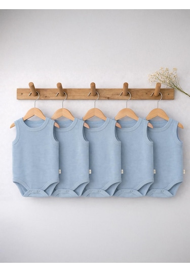 Civil Baby Organik 5 Li Sıfır Kol Çıtçıtlı Badi - Mavi
