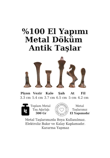 Mc54 - Metal Satranç Takımı - 25cm Mermer Desenli Satranç Tahtası - Sertifikalı Antik Metal Taşlar