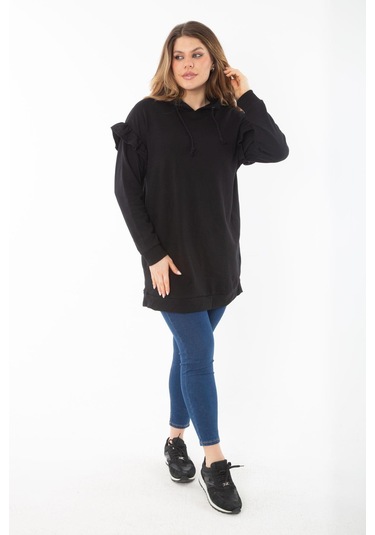 Kadın Büyük Beden Siyah İçi Şardonlu Üç İplik Kol Detaylı Kapşonlu Sweatshirt 65n37299-siyah Siyah