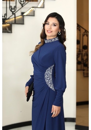 Taş Detaylı Lavinni Tesettür Abiye Elbise İndigo