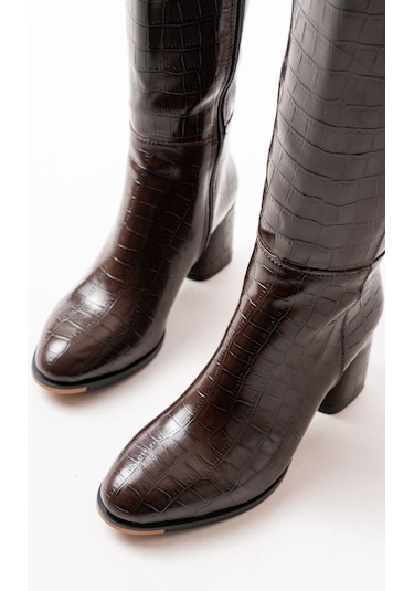 Rs-2432 Kahverengi Kroko Topuklu Fermuarlı Günlük Kadın Çizme Kahve Rengi
