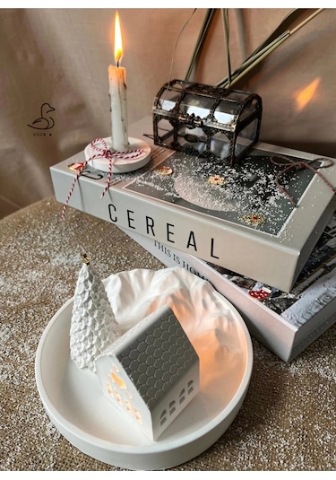 Dağ Görünümlü Tabak Çukur Ev Şeklinde Tealight Mumluk Çam Ağacı Dekor 2 Li Set