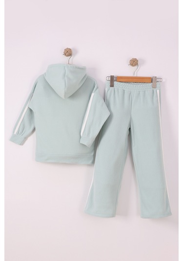 Monox Kız Çocuk Çiçek Baskılı İpli Şeritli Pantolon Fitilli Polar Takım Yeşil