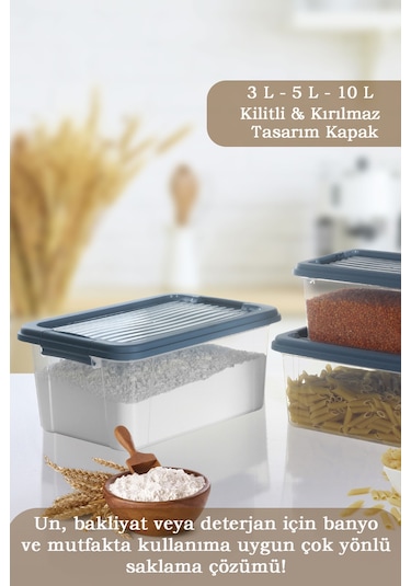 3'lü Kilit Kapak 3-5-10 Lt Erzak Saklama Kabı Çok Amaçlı Düzenleyici Kutu Deterjan Un Bakliyat Kabı Mavi