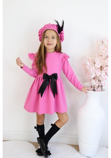 Kız Çocuk Pembe Sofia Pamuklu Fiyonk Detaylı Elbise Kep Abiye Takım Pembe
