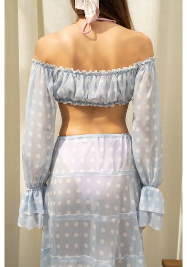 Mai Collection Samos Puantiyeli Mavi Crop Etek Takım