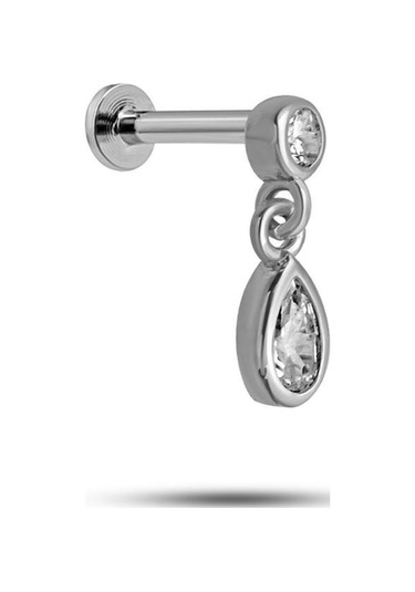 925 Ayar Gümüş Rodyumlu Minimal Sallantılı Damla Taşlı Tragus Piercing Küpe
