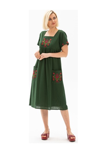 Kısa Kol Şile Bezi Melek Midi Boy Elbise Yeşil