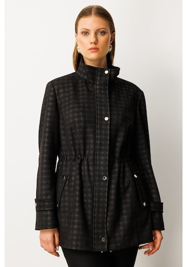 Ekol Kadın Büyük Beden Beli Lastikli Kazayağı Desenli Trenç 7541 Siyah Siyah