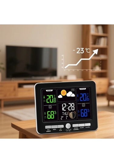 Motion003 1 Adet Siyah Renkli Lcd Ekranlı Hava Durumu İstasyonu Atomik Saat Barometre Sıcaklık Nem Ölçer Çift Alarmlı Takvim Gösterimi Usb Çalışan