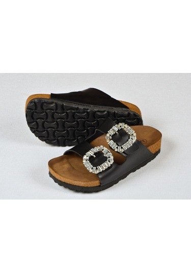 Kız Çocuk Mantar Tabanlı Çift Tokalı Ortopedik Birkeen Arizona Taşlı Terlik Siyah