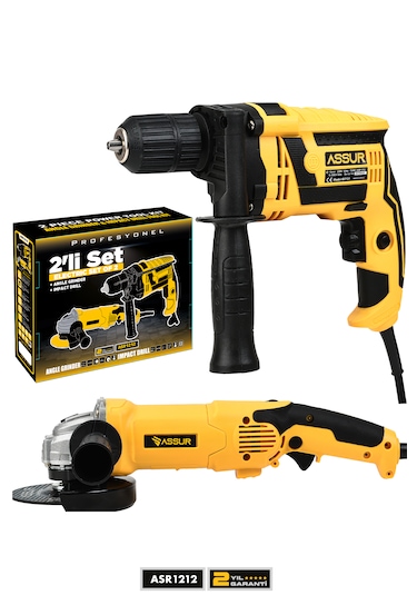 Assur Profesyonel ASR1212 Elektrikli Taşlama + Matkap Sarı 2'li Set