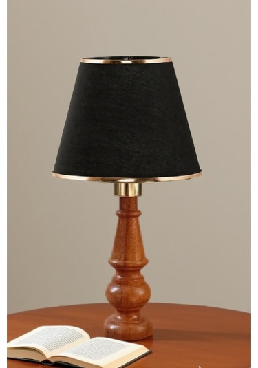 Ahşap Gövdeli Kumaş Başlıklı Dekoratif Abajur Masa Lambası Aydınlatma Lamba Siyah