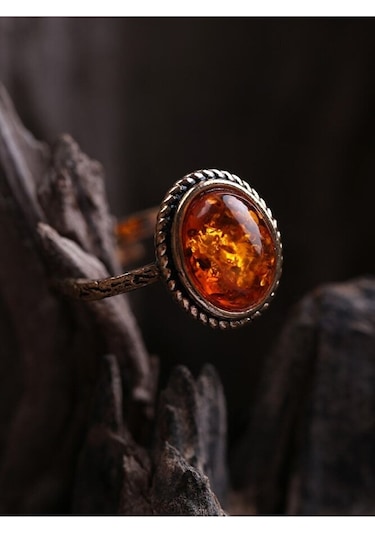 Doğal Taşlı Kehribar Ayarlanabilir Yüzük Orta Boy