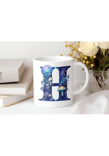 H Baş Harfi Fantastik Mantarlı Kupa Bardak - Kişiye Özel Masalsı Bardak - Hediye Beyaz