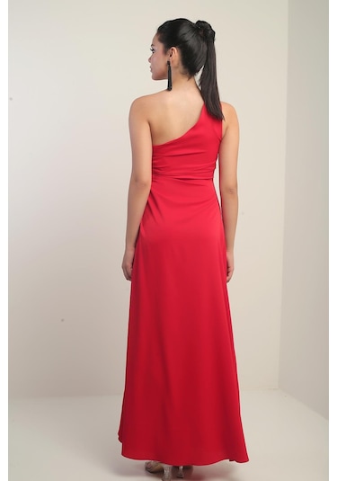 Kadın Tek Omuz Yan Pencere Detaylı Uzun Krep Saten Elbise-40826 Kırmızı