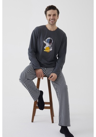 Erkek Pamuklu Uzun Kollu Üst Astronot Baskılı Alt Çizgili Pijama Takımı Ke30106 Gri - Beyaz