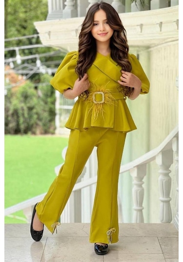 Riccotarz Kız Çocuk Fermuar Ve Kemer Detaylı Kruvaze Yaka Hardal Alt Üst Takım 001