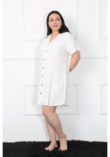 Akbeniz Büyük Beden Dokuma Düğmeli Beyaz Tunik Gecelik 1022-beyaz Beyaz