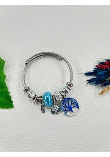 Bhs Life Kadın Charm Mavi Renk Kristal Taşlı Hayat Ağacı Çelik Bileklik Mavi