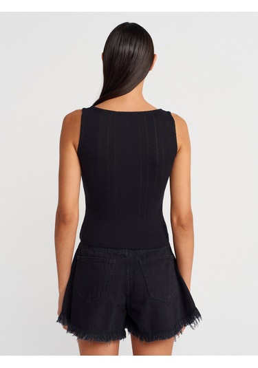 Dilvin 21069 Düğmeli Kare Yaka Top-siyah Siyah