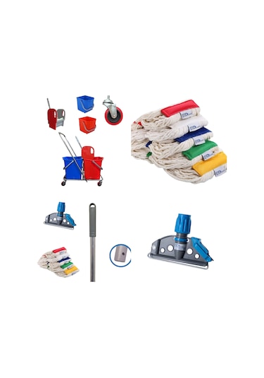 Mck Plus Çift Kovalı Krom Temizlik Arabası Paspas Arabası + Islak Mop Seti