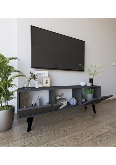 Siena Ahşap Ayaklı Tv Ünitesi Antrasit Televizyon Konsolu 140 Cm Ekonomik Modül Sehpa