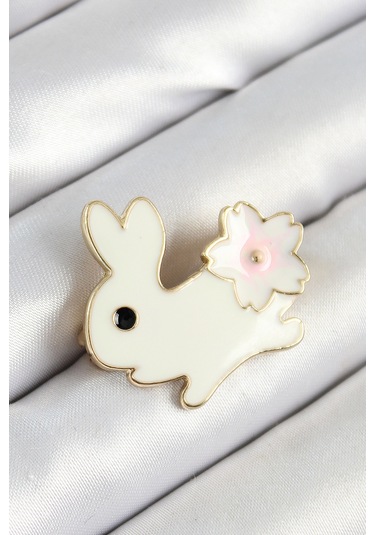 Mineli Çiçek Detaylı Krem Tavşan Figürlü Gold Renk Kadın Broş - Tj-br452 Çok Renkli