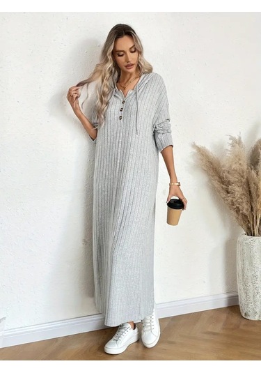 Kadın Uzun Kollu Kapşonlu Bağcıklı Şardonlu Kaşkorse Uzun Elbise Çok Renkli