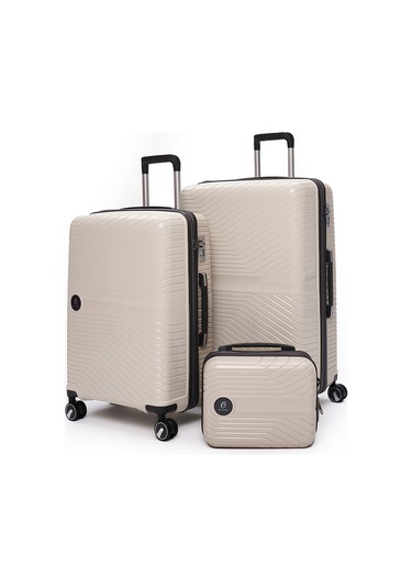 Elatae Exclusive Pro Polipropilen Kırılmaz 3'lü Valiz Seti Büyük - Orta Boy Ve Makyaj Çantası Bej - Antrasit 5239 Bej - Gri