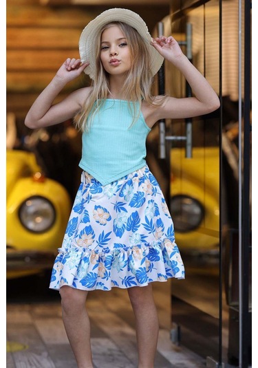 Riccotarz Kız Çocuk Kaşkorse Crop Ve Dijital Baskılı Mavi Etekli Takım 001