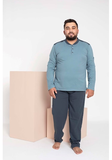 Erkek Büyük Beden 3 Düğme %100 Pamuk Cepli Mevsimlik Pijama Takım 001