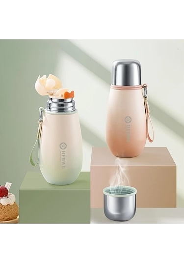 Trendooze Sunshine022 Bej Mor 320ml Paslanmaz Çelik Vakum Termos, Mini Seyahat Bardağı Bej - Mor