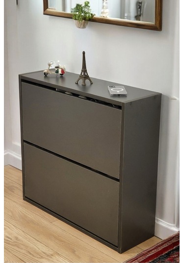 Düşer Kapaklı Ayakkabılık 4 Bölmeli 2 Kapaklı Kayar Raflı Dolap Antrasit