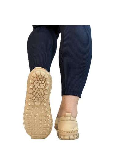 Voyager 9871 Bej Hakiki Deri Boncuklu Bayan Ayakkabı Bej