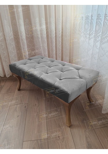 Kapitoneli Ayak Ucu Kapı Önü Antre Bench Puf Gold Ayak 120 45 Gri