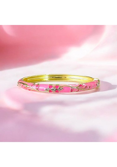 Taşlı Çiçek Motifli Pembe Mineli Çelik Bilezik Gold